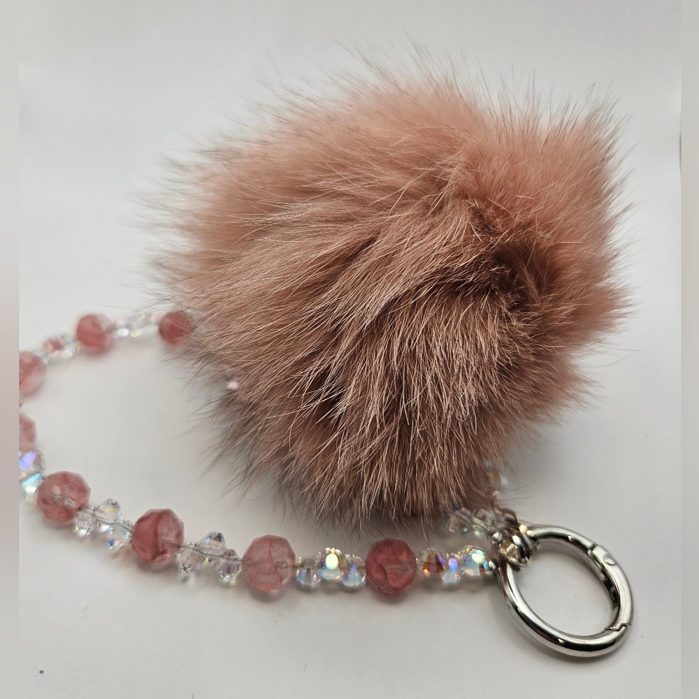 Fur Pom Pom Keychain with Beaded Strap. Phone Chain.